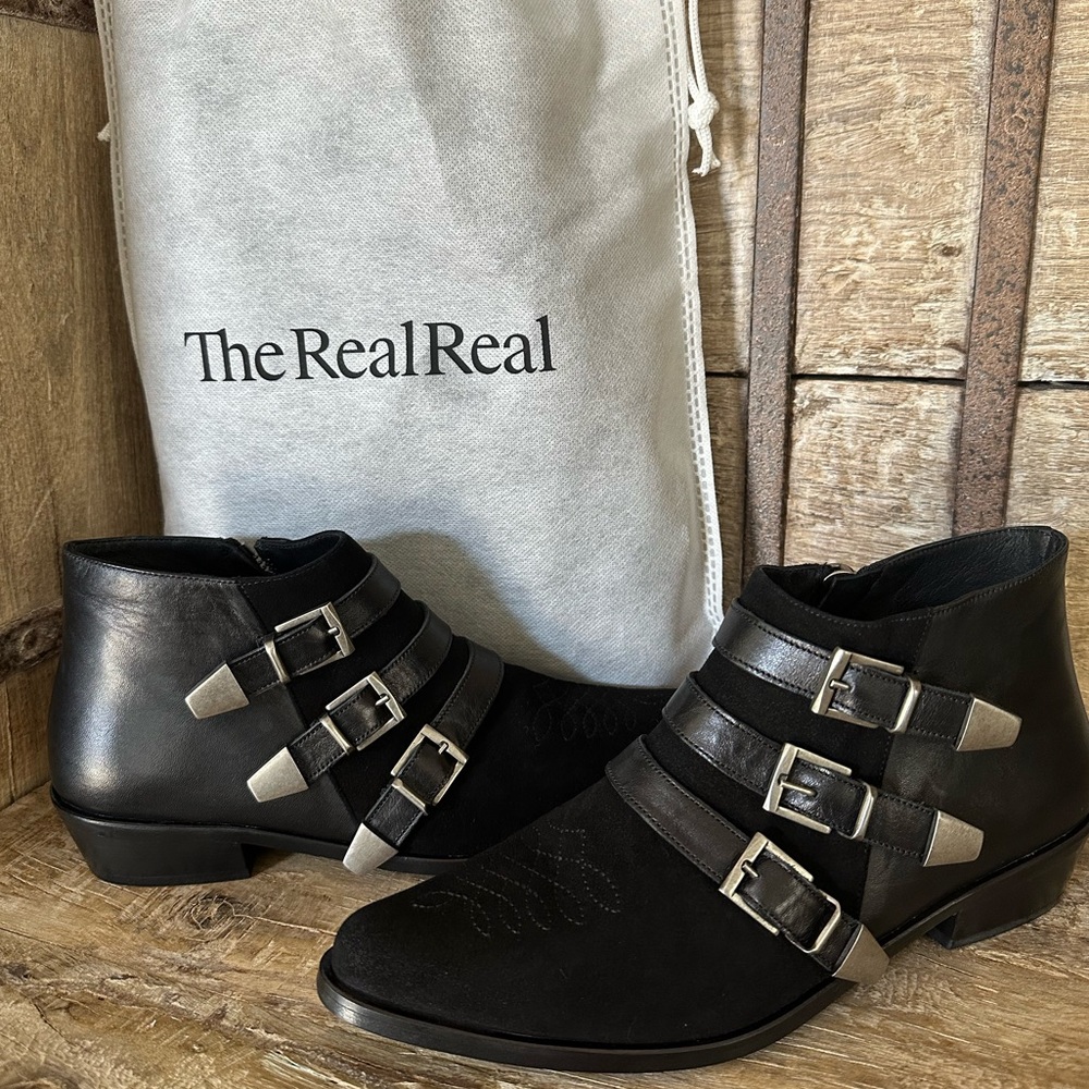 Anine Bing Emma Suede Embroidered Black Leather Buckle Booties